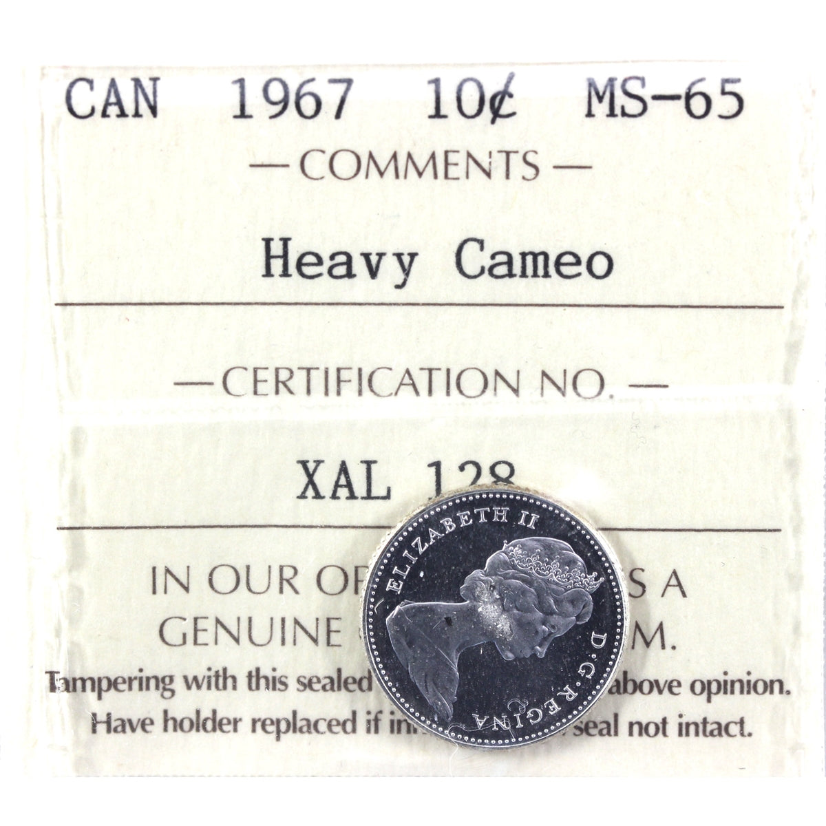 1967 Canada 10-cents ICCS Certified MS65 Heavy Cameo