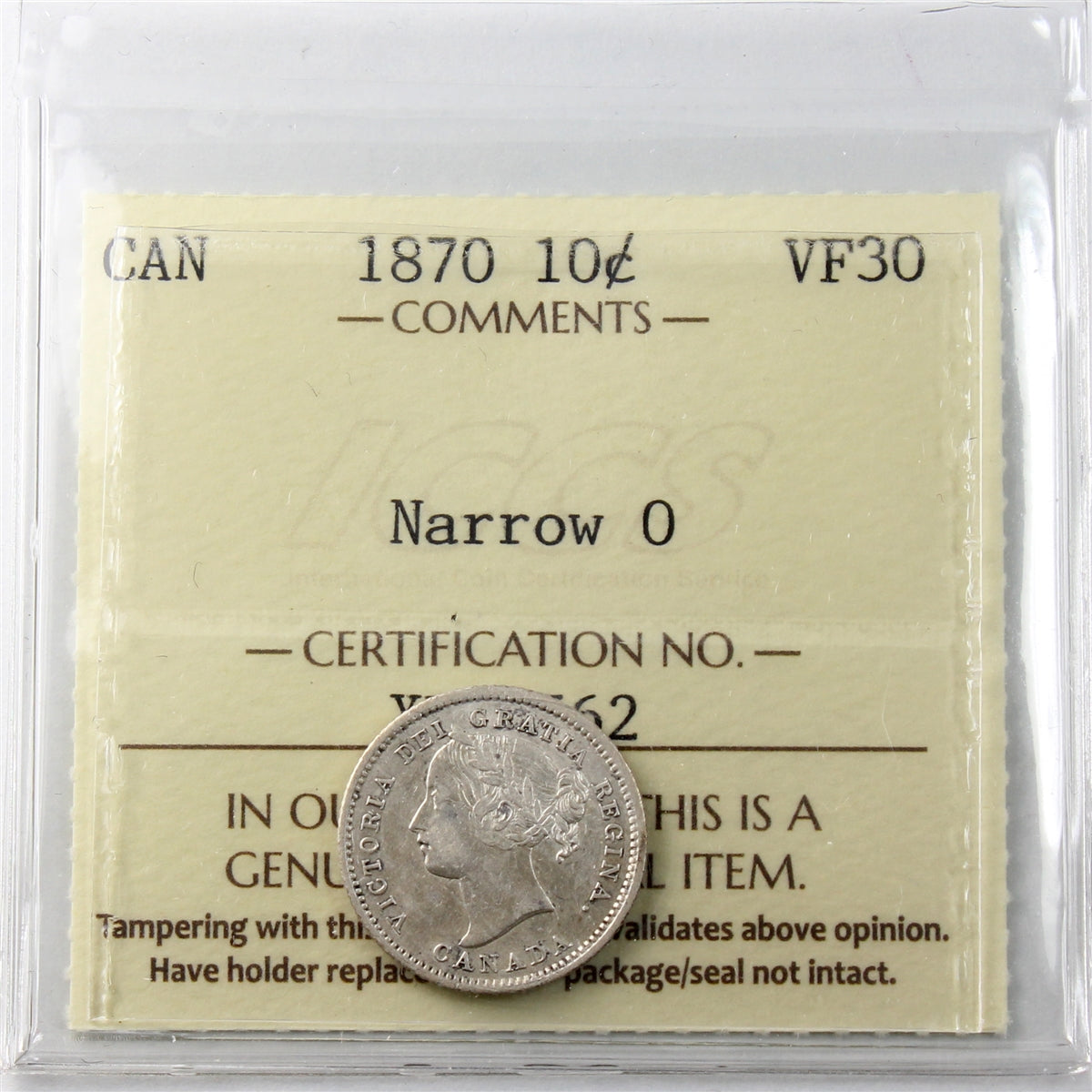 1870 Narrow 0 Canada 10-cents ICCS Certified VF30 (XRW 562)