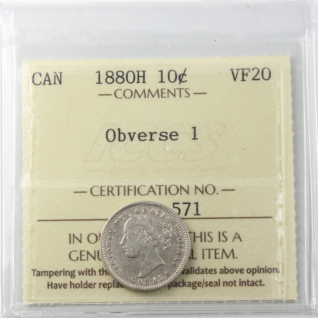 1880H Obv. 1 Canada 10-cents ICCS Certified VF20