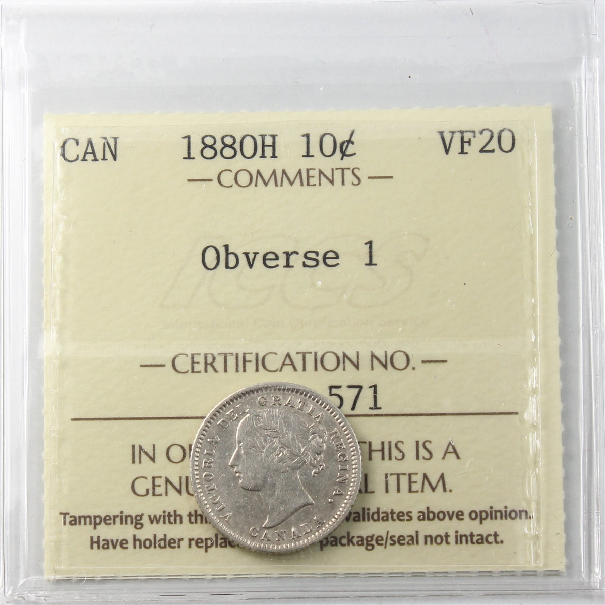 1880H Obv. 1 Canada 10-cents ICCS Certified VF20