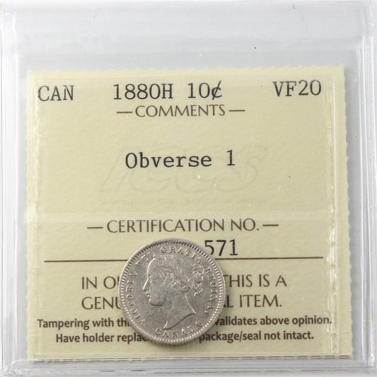 1880H Obv. 1 Canada 10-cents ICCS Certified VF20