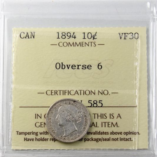 1894 Obv. 6 Canada 10-cents ICCS Certified VF30