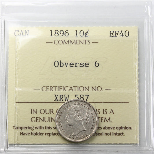 1896 Obv. 6 Canada 10-cents ICCS Certified EF40