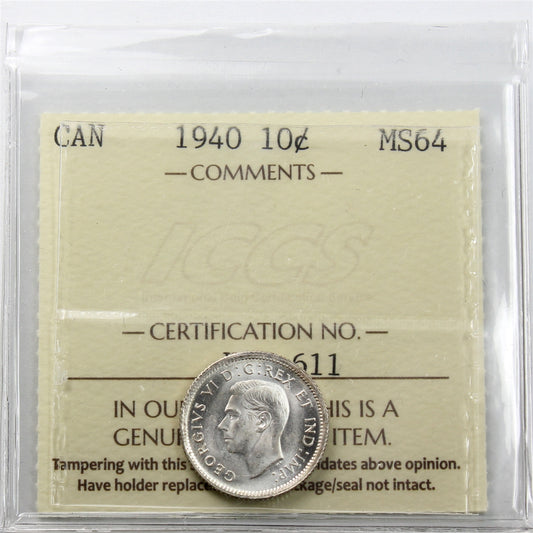 1940 Canada 10-cents ICCS Certified MS64