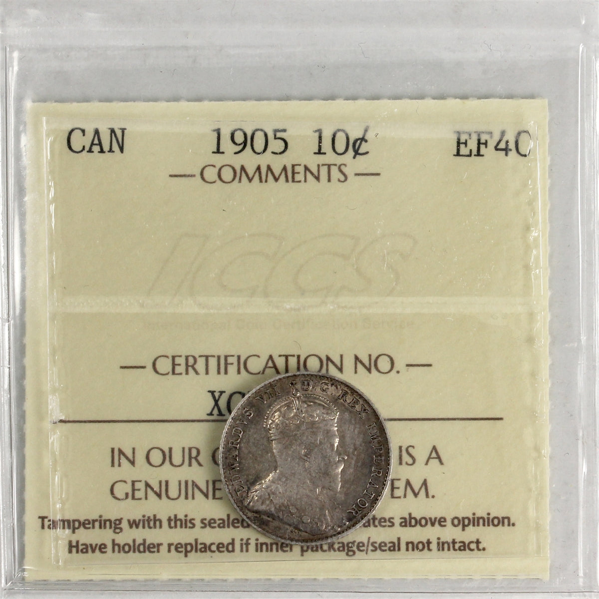1905 Canada 10-cents ICCS Certified EF40