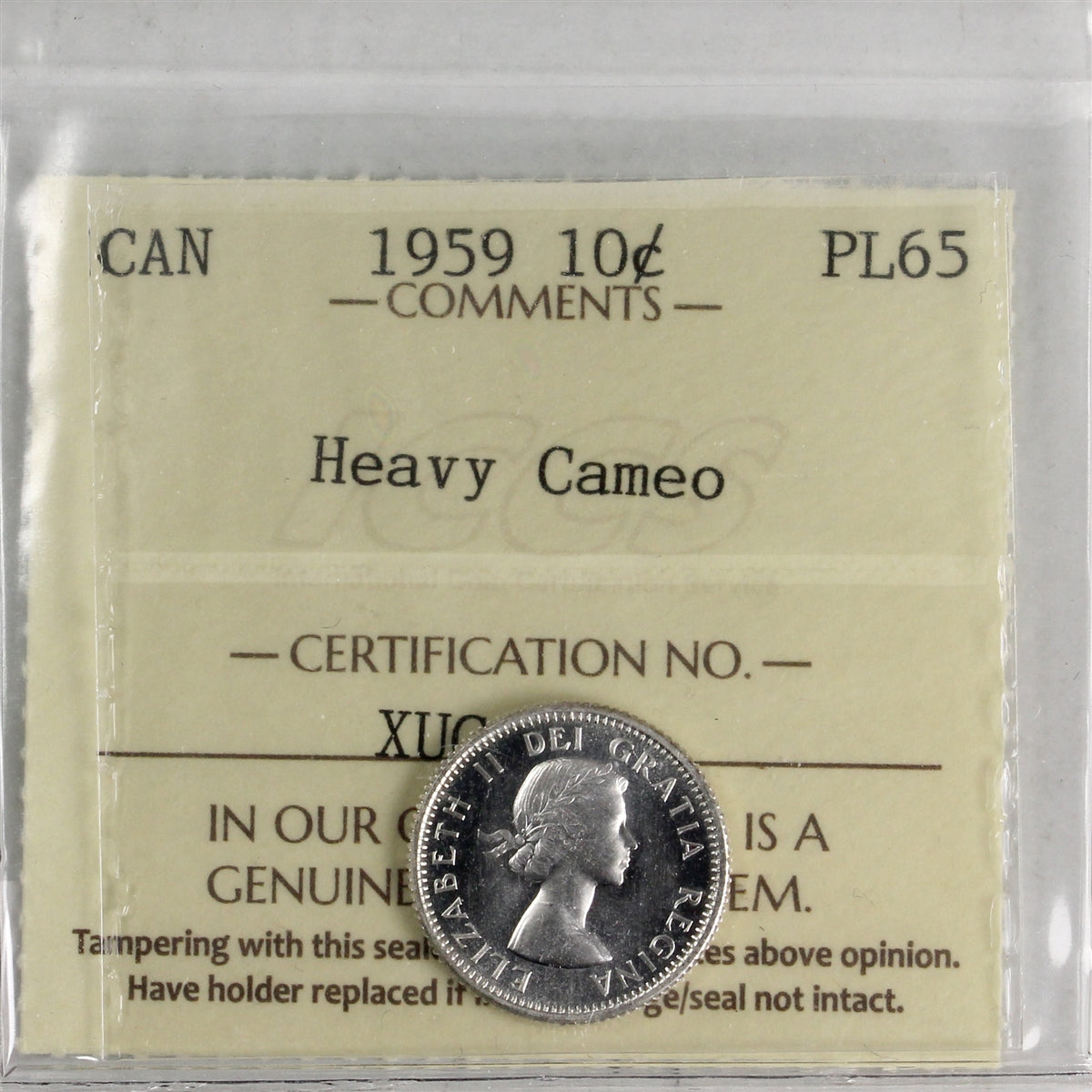 1959 Canada 10-cents ICCS Certified PL65 Heavy Cameo