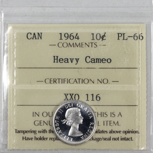 1964 Canada 10-cents ICCS Certified PL66 Heavy Cameo
