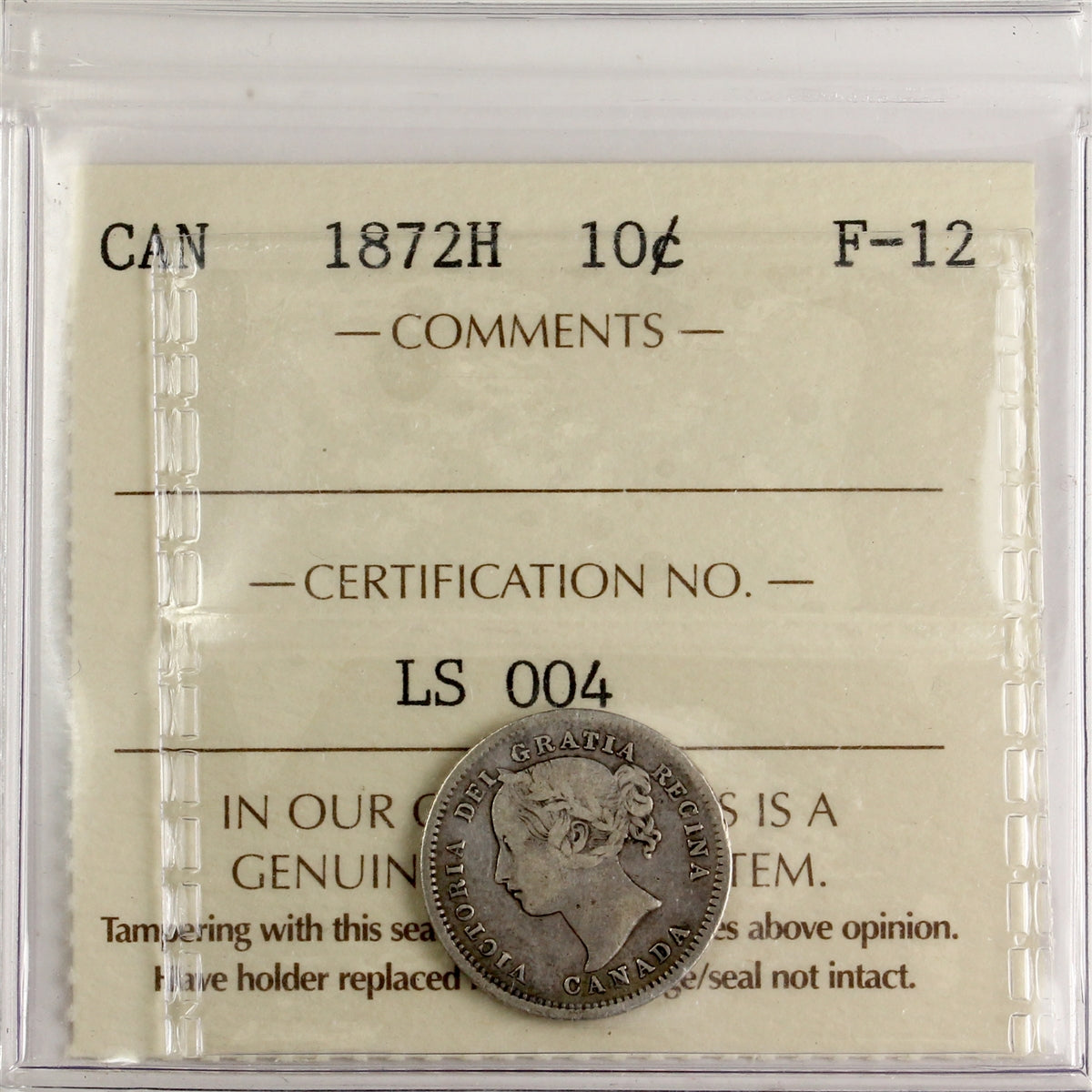 1872H Canada 10-cents ICCS Certified F12