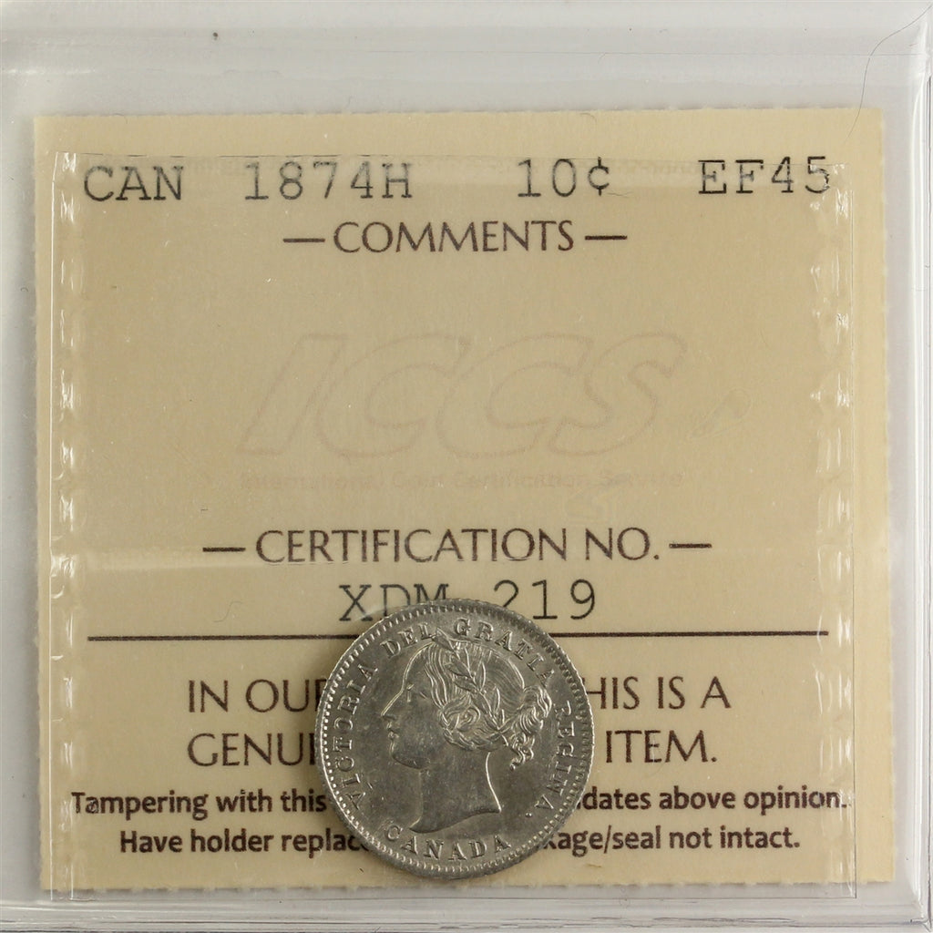 1874H Canada 10-cents ICCS Certified EF45