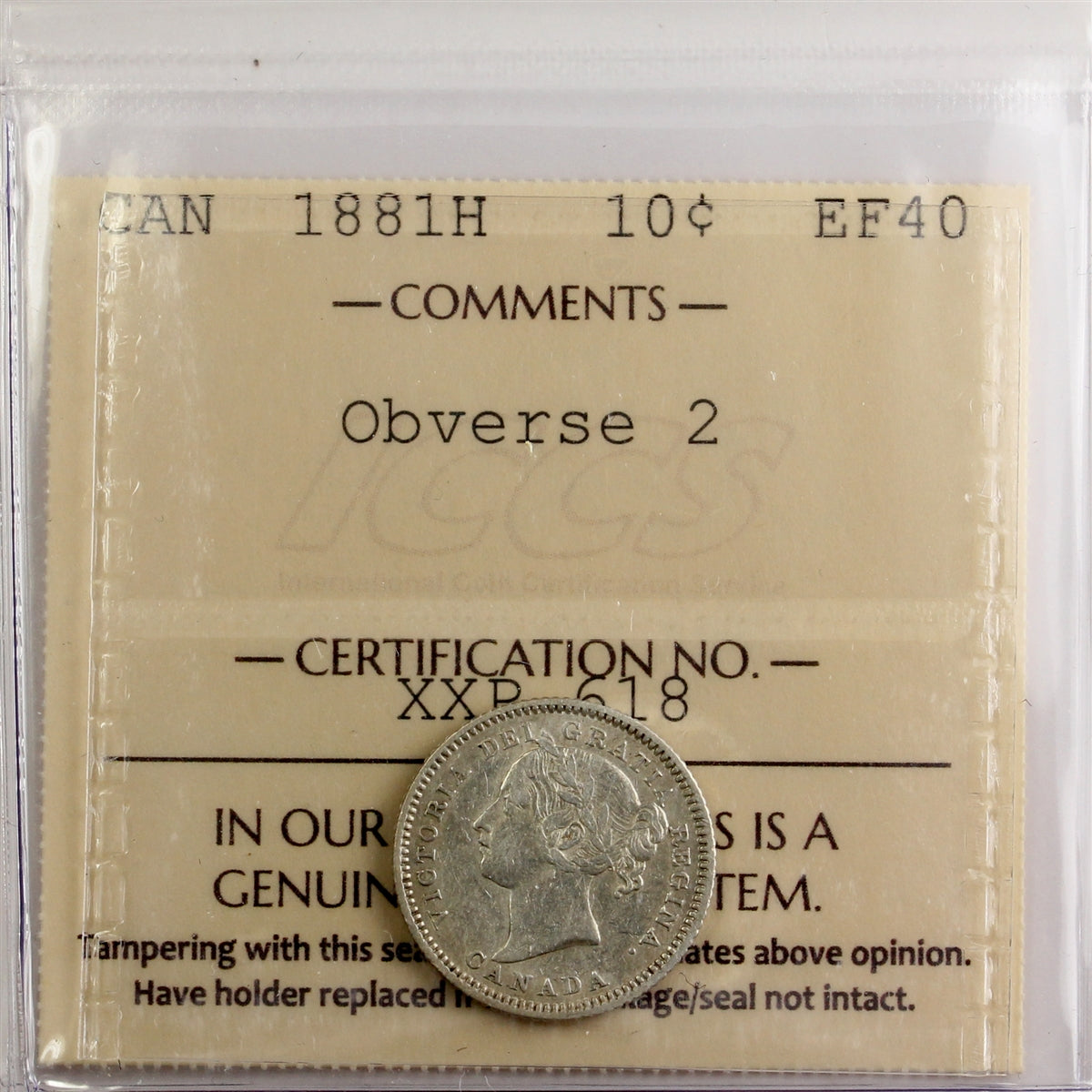1881H Obv. 2 Canada 10-cents ICCS Certified EF-40