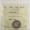 1894 Obv. 6 Canada 10-cents ICCS Certified F15