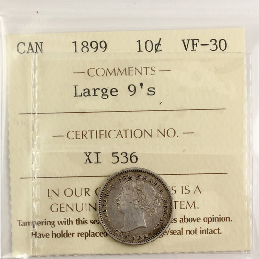1899 Large 9s Canada 10-cents ICCS Certified VF30