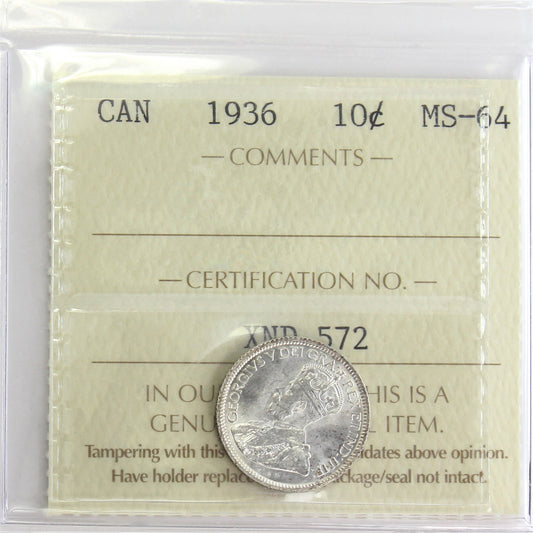 1936 Canada 10-cents ICCS Certified MS-64 (XND 572)
