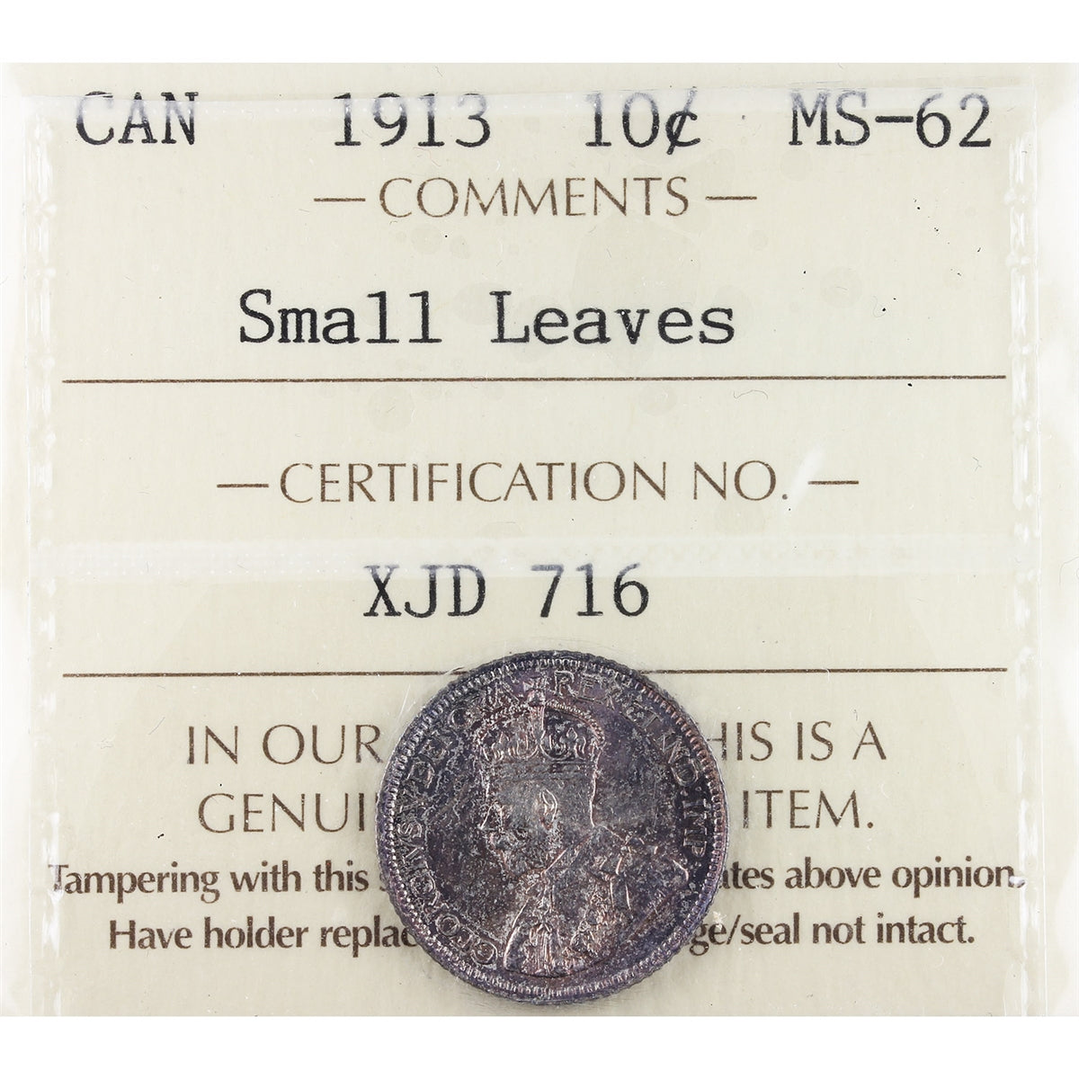 1913 Small Leaves Canada 10-cents ICCS Certified MS62 (XJD 716)