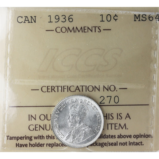 1936 Canada 10-cents ICCS Certified MS-64 (XZD 270)