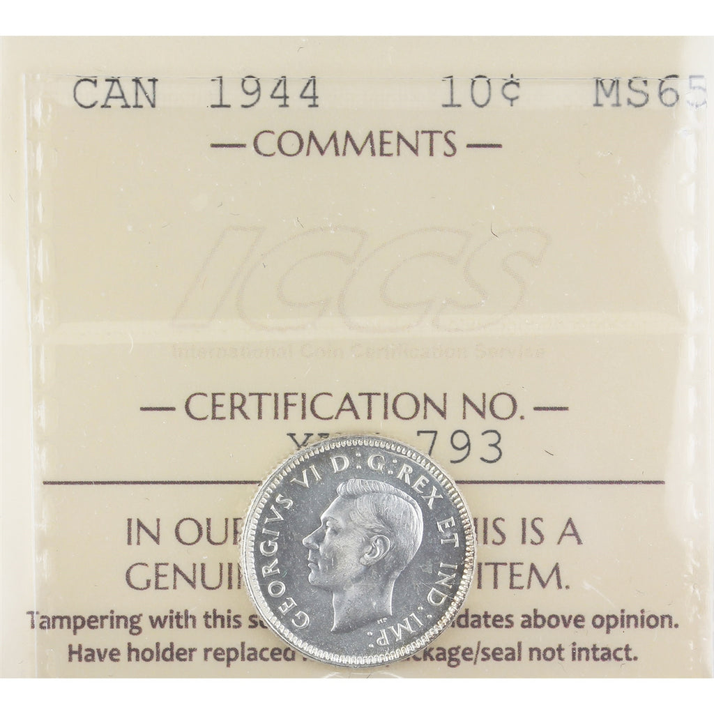 1944 Canada 10-cents ICCS Certified MS-65 (XWJ 793)