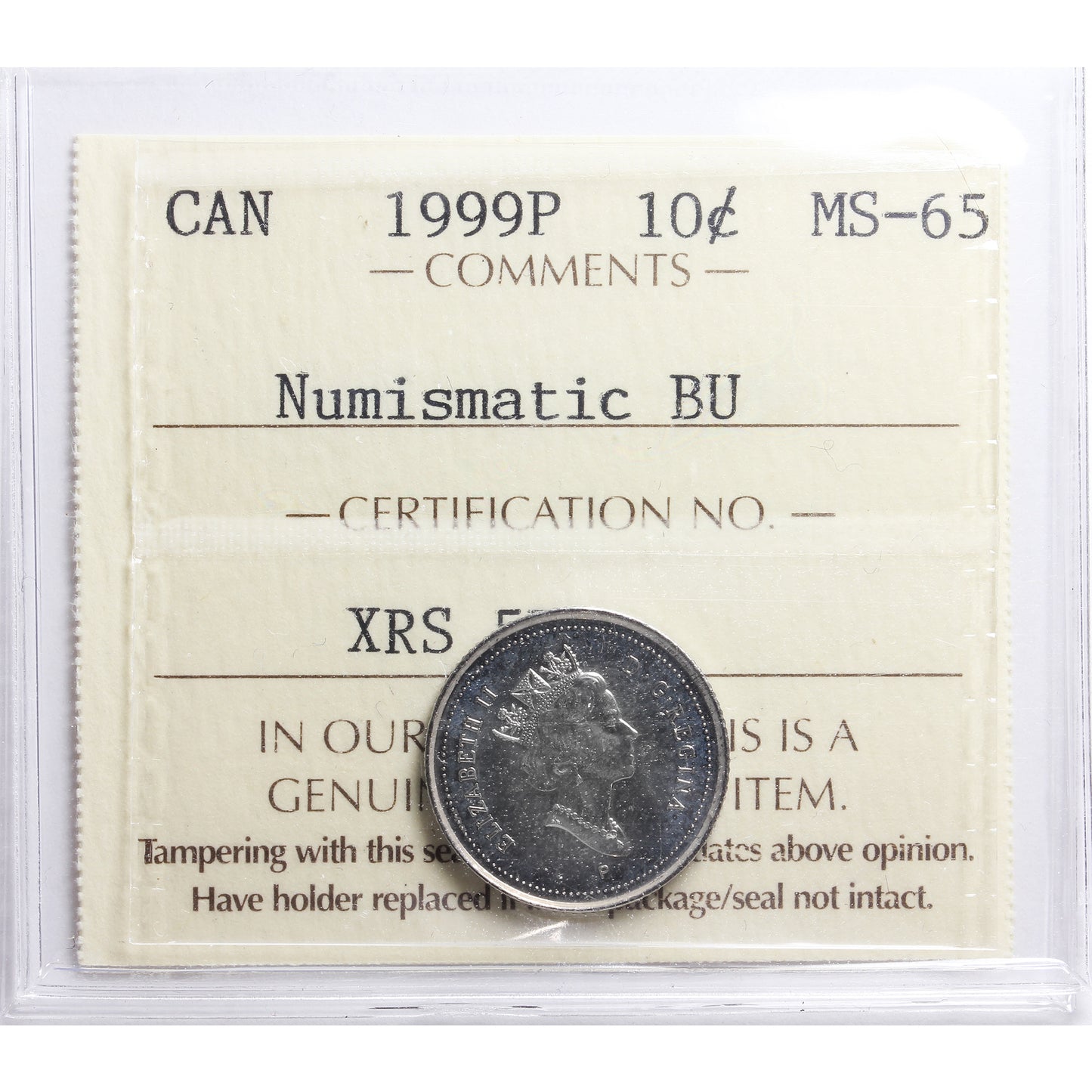 1999P Canada 10-cents ICCS Certified MS65 Numismatic BU