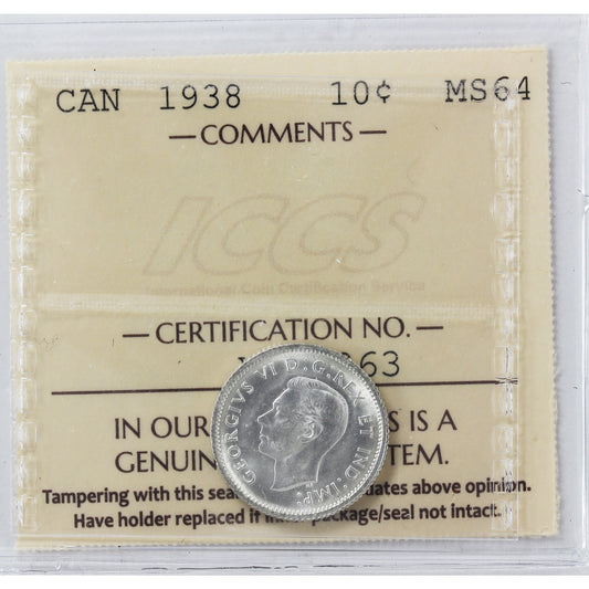 1938 Canada 10-cents ICCS Certified MS64 (XSI 363)
