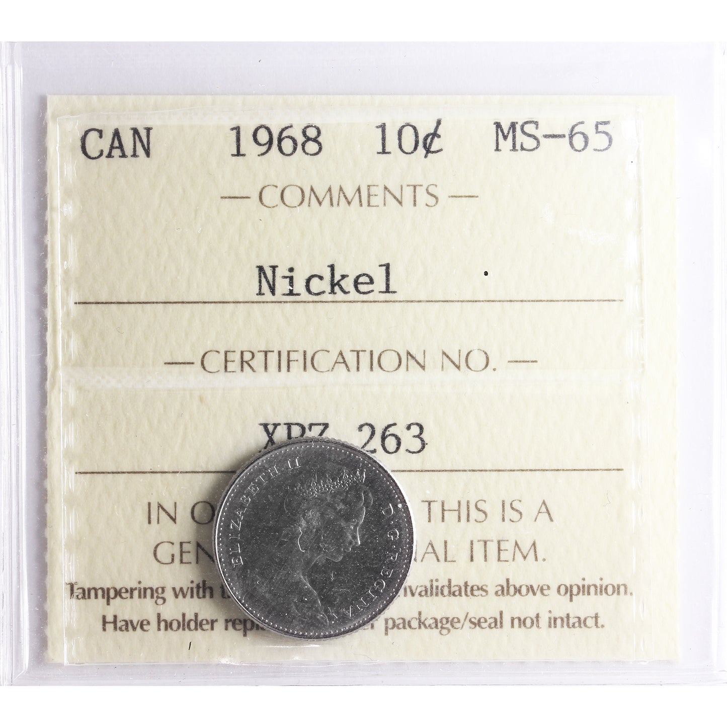 1968 Nickel Canada 10-cents ICCS Certified MS-65