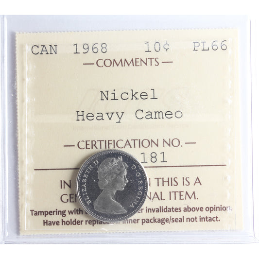 1968 Nickel Canada 10-cents ICCS Certified PL66 Heavy Cameo