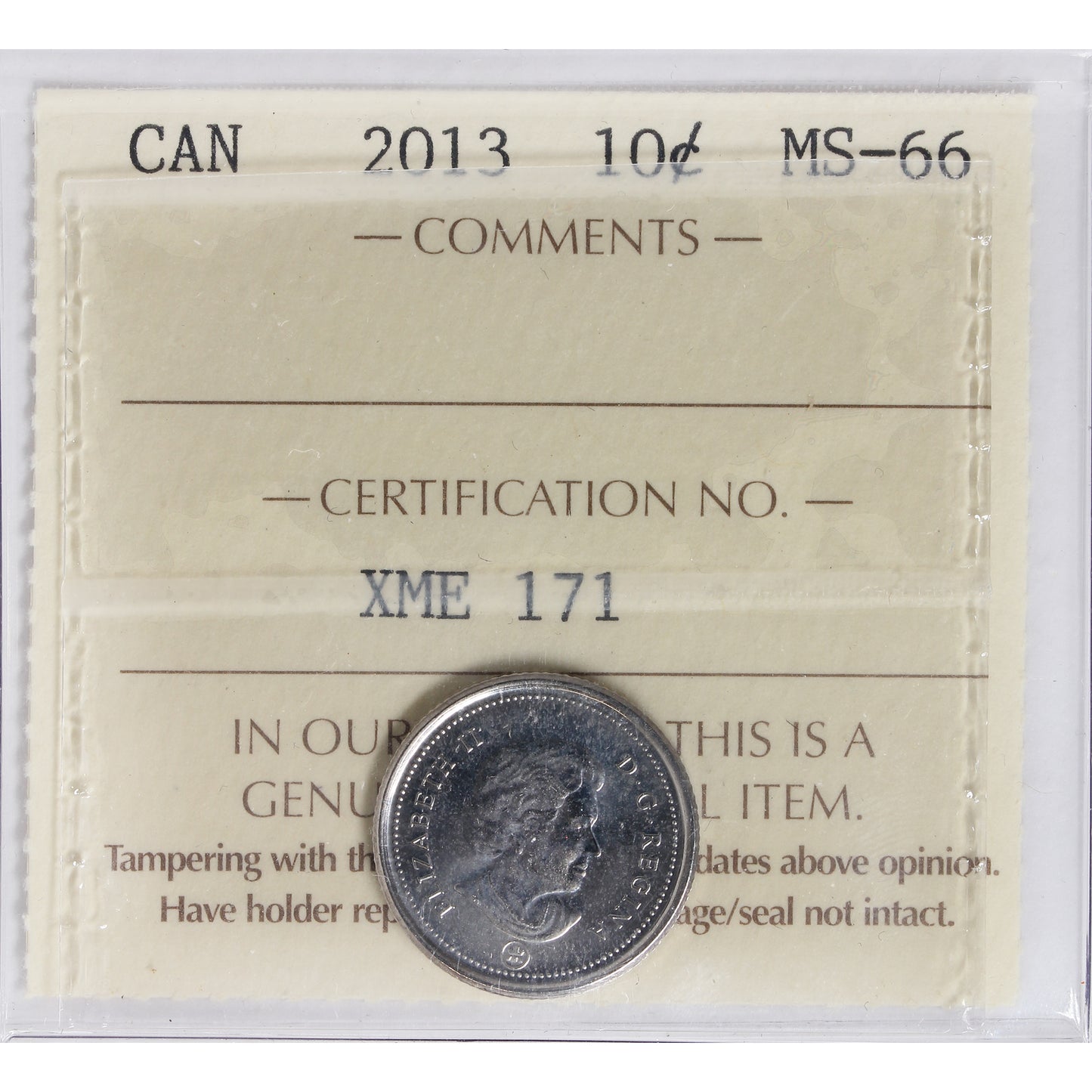 2013 Canada 10-cents ICCS Certified MS66