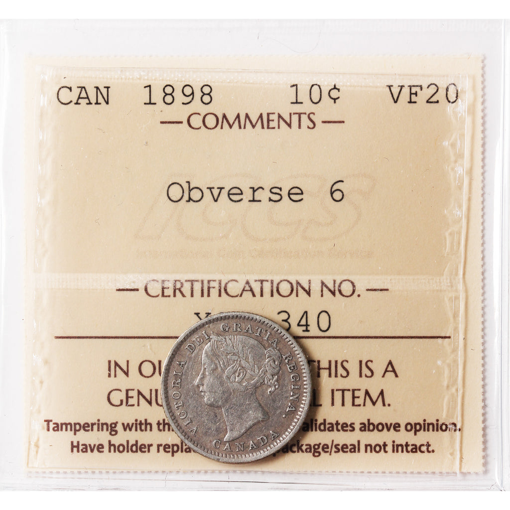 1898 Obv. 6 Canada 10-cents ICCS Certified VF20