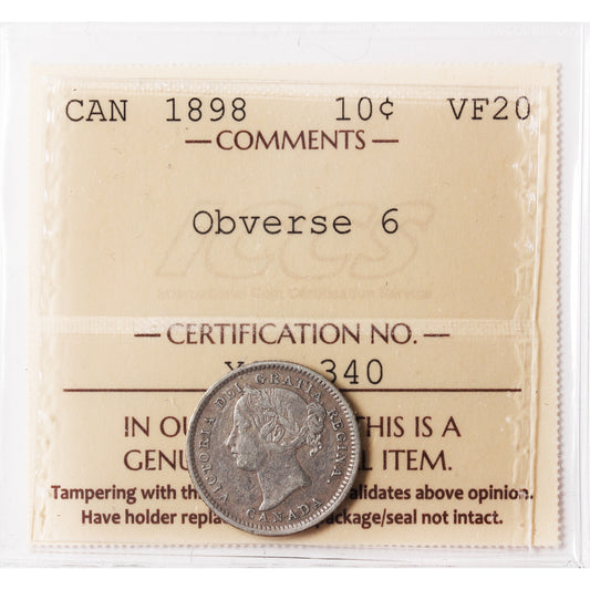 1898 Obv. 6 Canada 10-cents ICCS Certified VF20