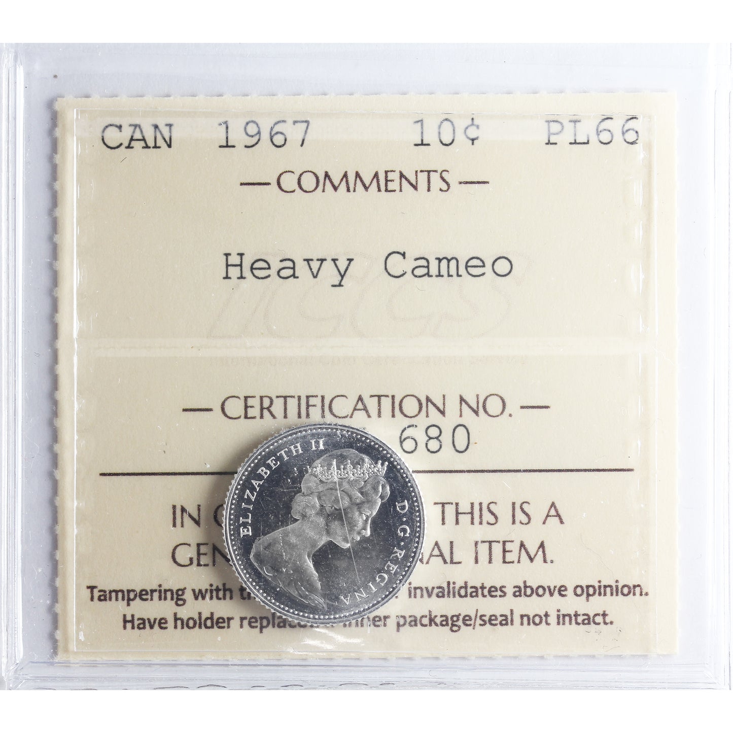 1967 Canada 10-cents ICCS Certified PL66 Heavy Cameo