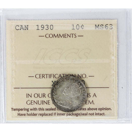 1930 Canada 10-cents ICCS Certified MS-63 (XGP 610)