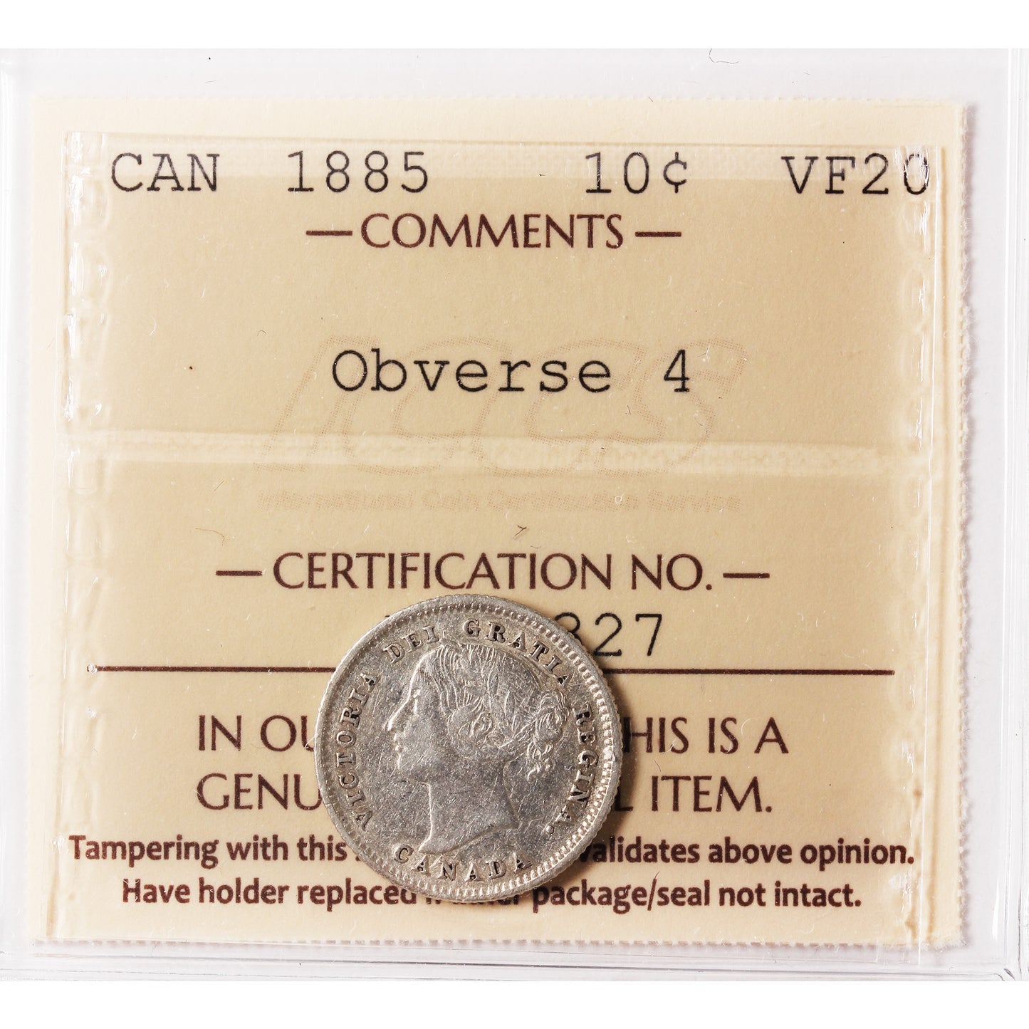 1885 Obv. 4 Canada 10-cents ICCS Certified VF20