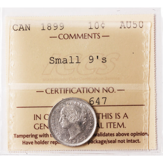 1899 Small 9s Canada 10-cents ICCS Certified AU50