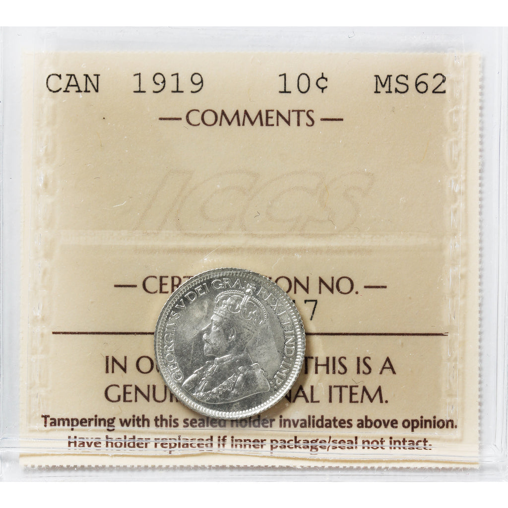 1919 Canada 10-cents ICCS Certified MS-62