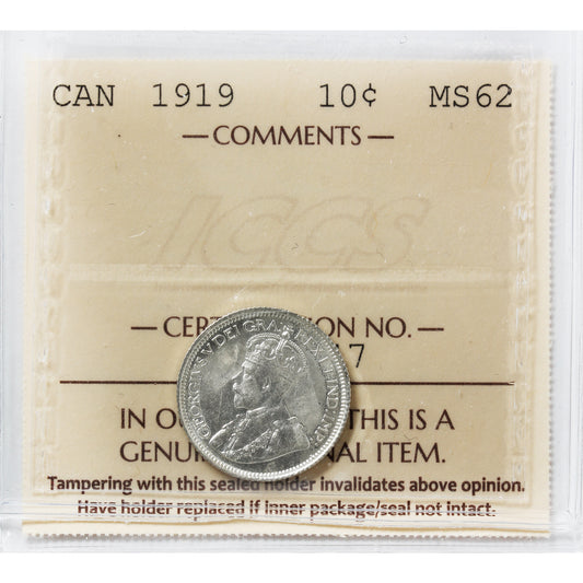 1919 Canada 10-cents ICCS Certified MS-62