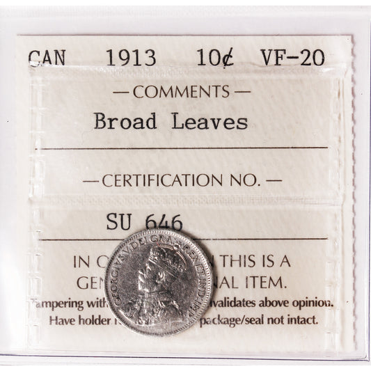 1913 Broad Leaves Canada 10-cents ICCS Certified VF20