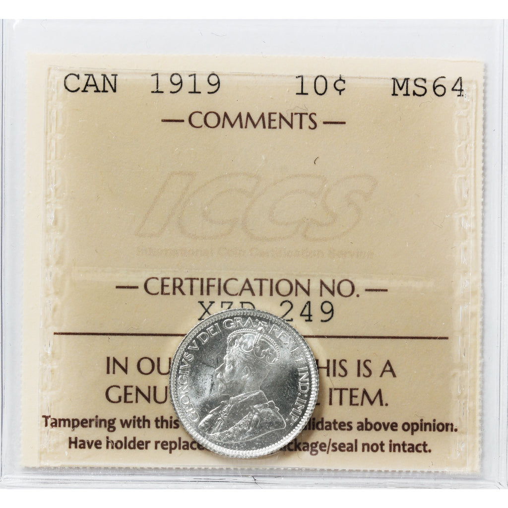 1919 Canada 10-cents ICCS Certified MS64 (XZD 249)