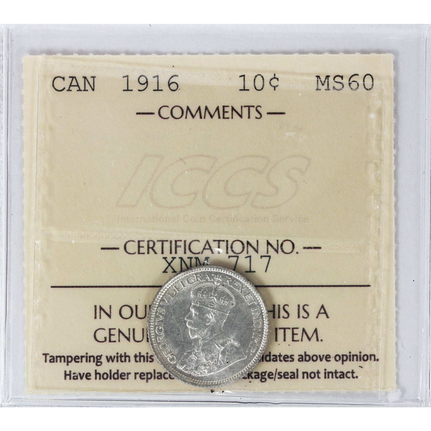1916 Canada 10-cents ICCS Certified MS60