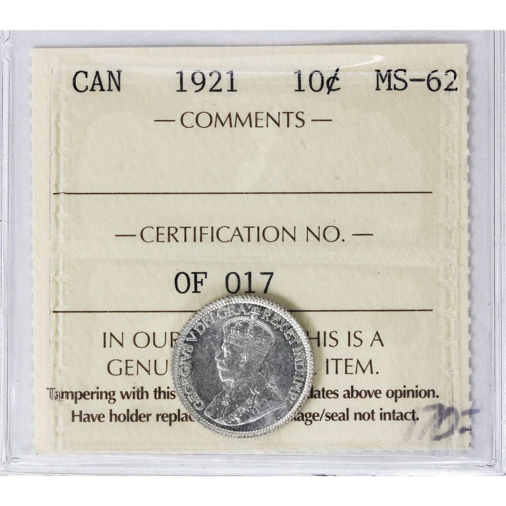 1921 Canada 10-cents ICCS Certified MS62