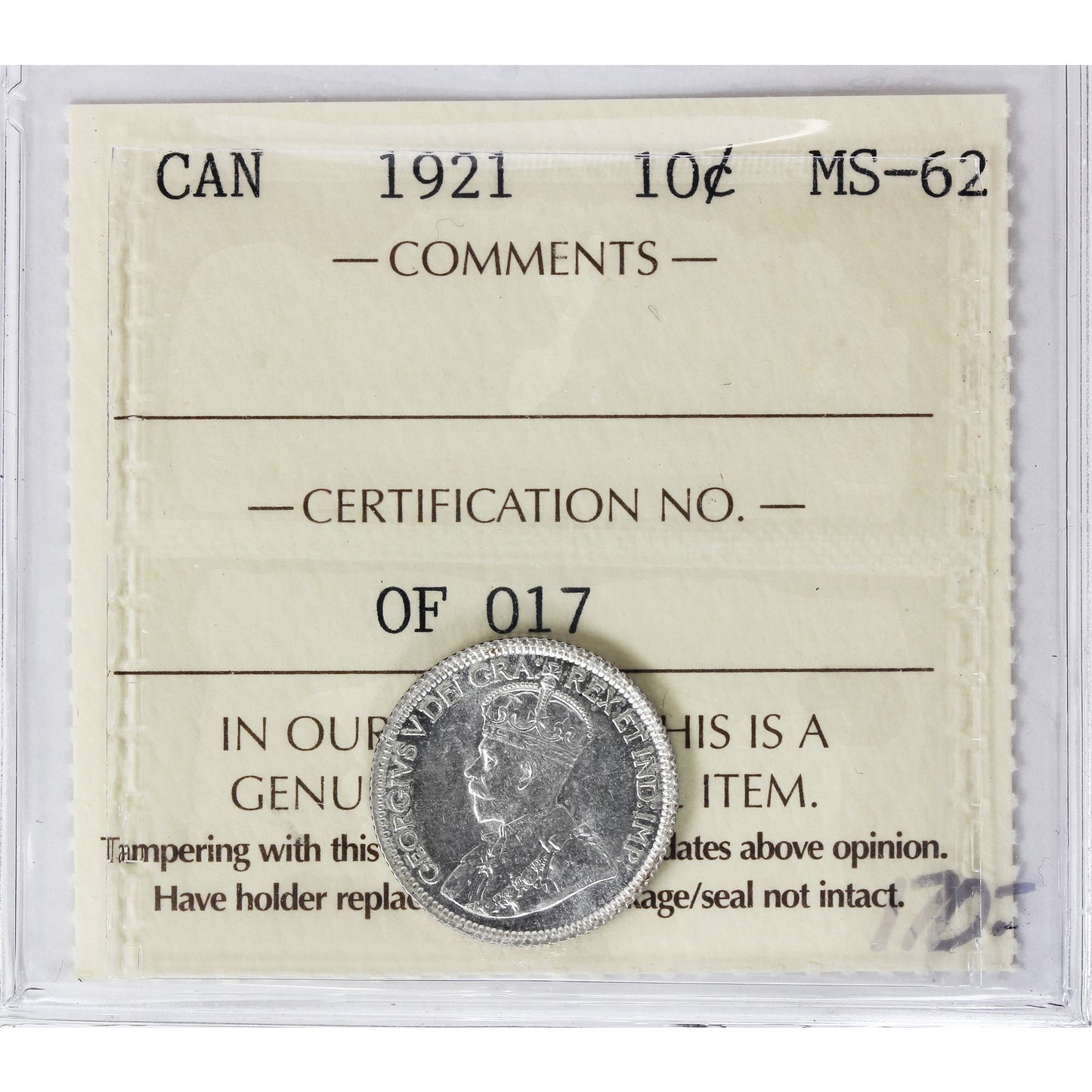 1921 Canada 10-cents ICCS Certified MS62