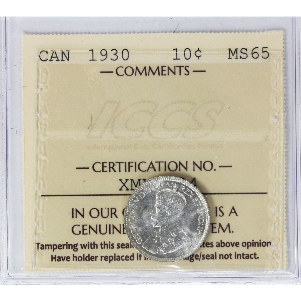 1930 Canada 10-cents ICCS Certified MS65 (XMY 824)