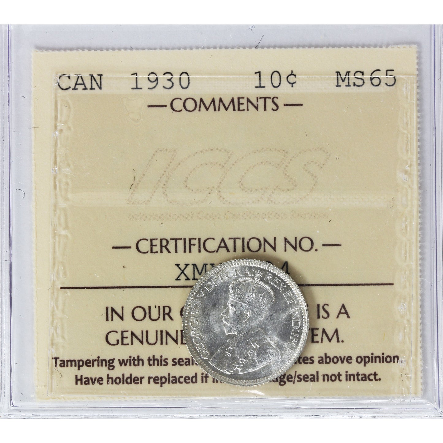 1930 Canada 10-cents ICCS Certified MS65 (XMY 824)