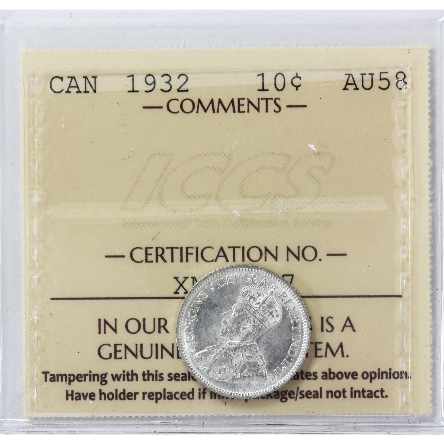 1932 Canada 10-cents ICCS Certified AU58