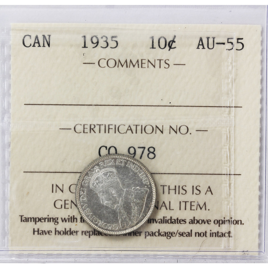 1935 Canada 10-cents ICCS Certified AU55