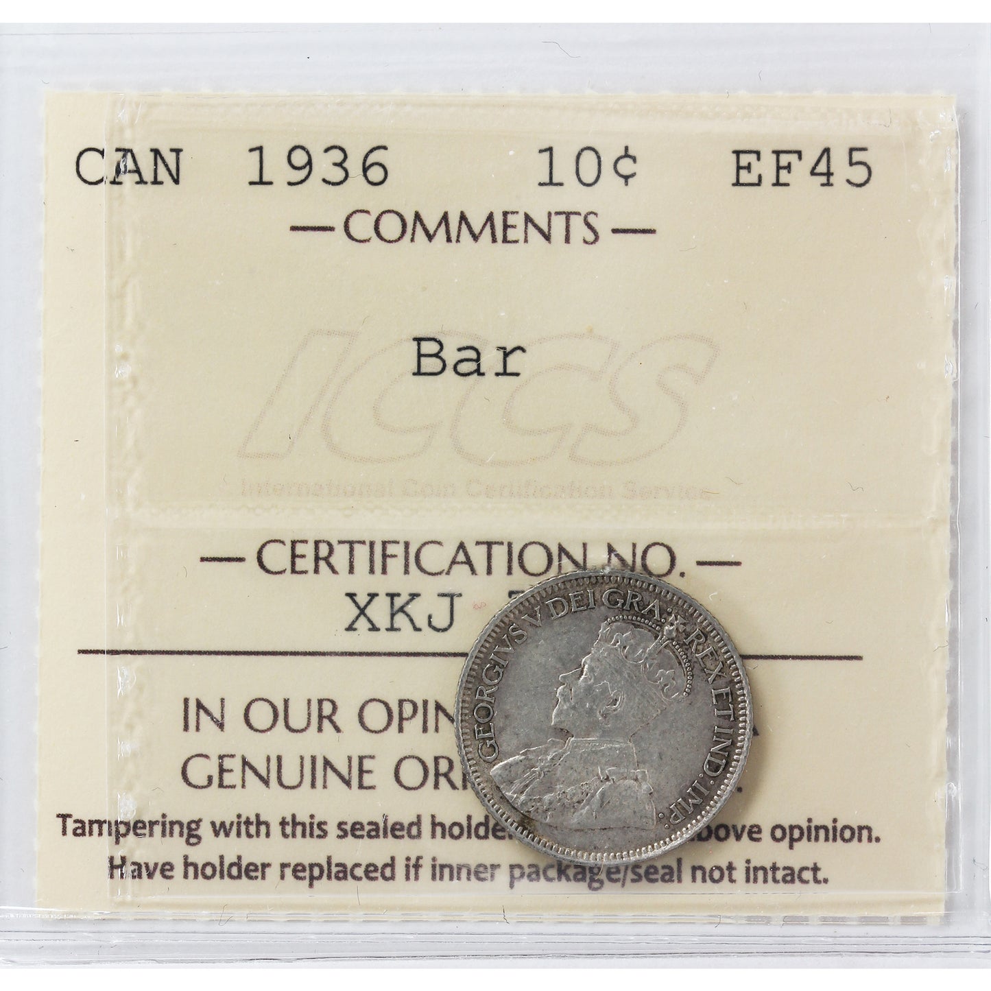 1936 Bar Canada 10-cents ICCS Certified EF45