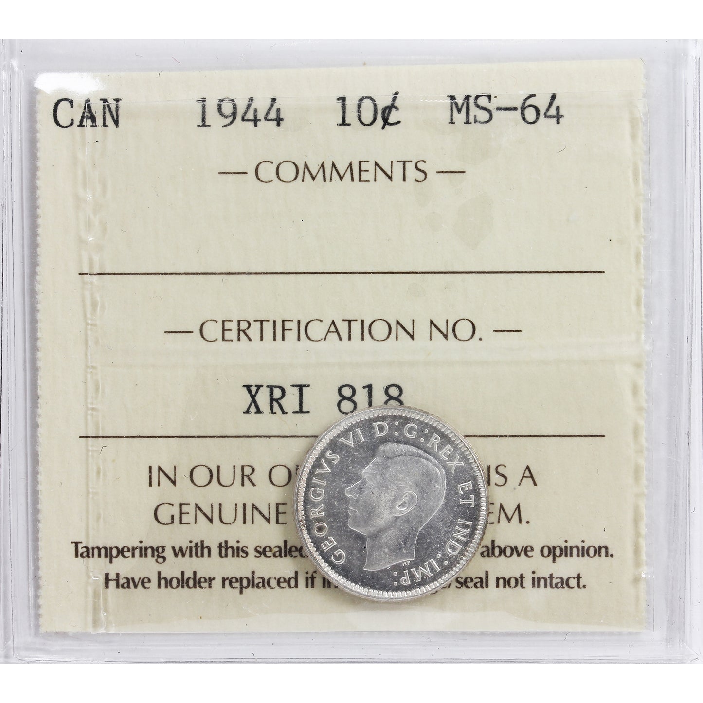 1944 Canada 10-cents ICCS Certified MS64