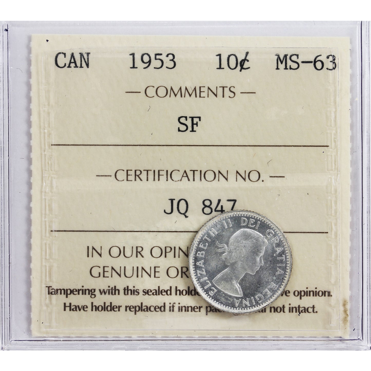 1953 SF Canada 10-cents ICCS Certified MS63