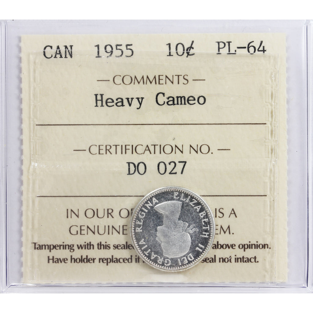 1955 Canada 10-cents ICCS Certified PL64 Heavy Cameo