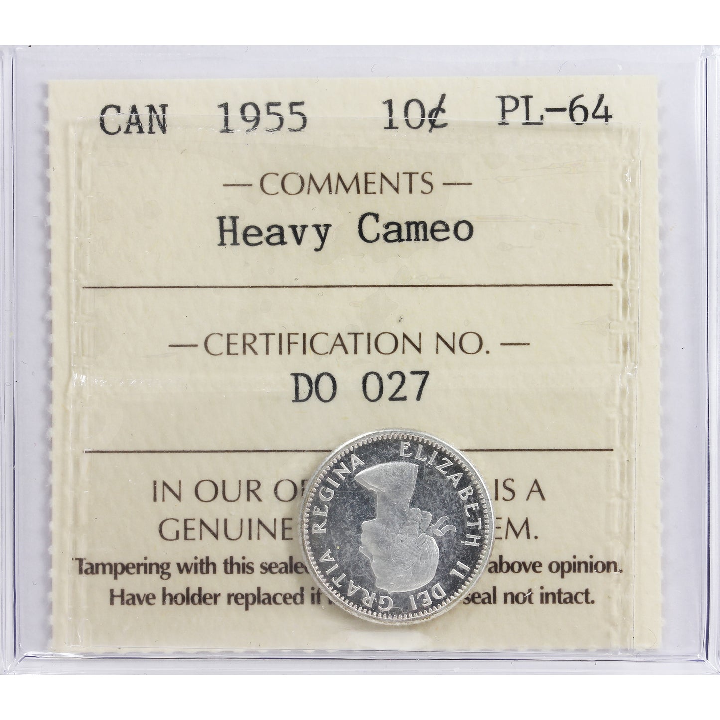 1955 Canada 10-cents ICCS Certified PL64 Heavy Cameo