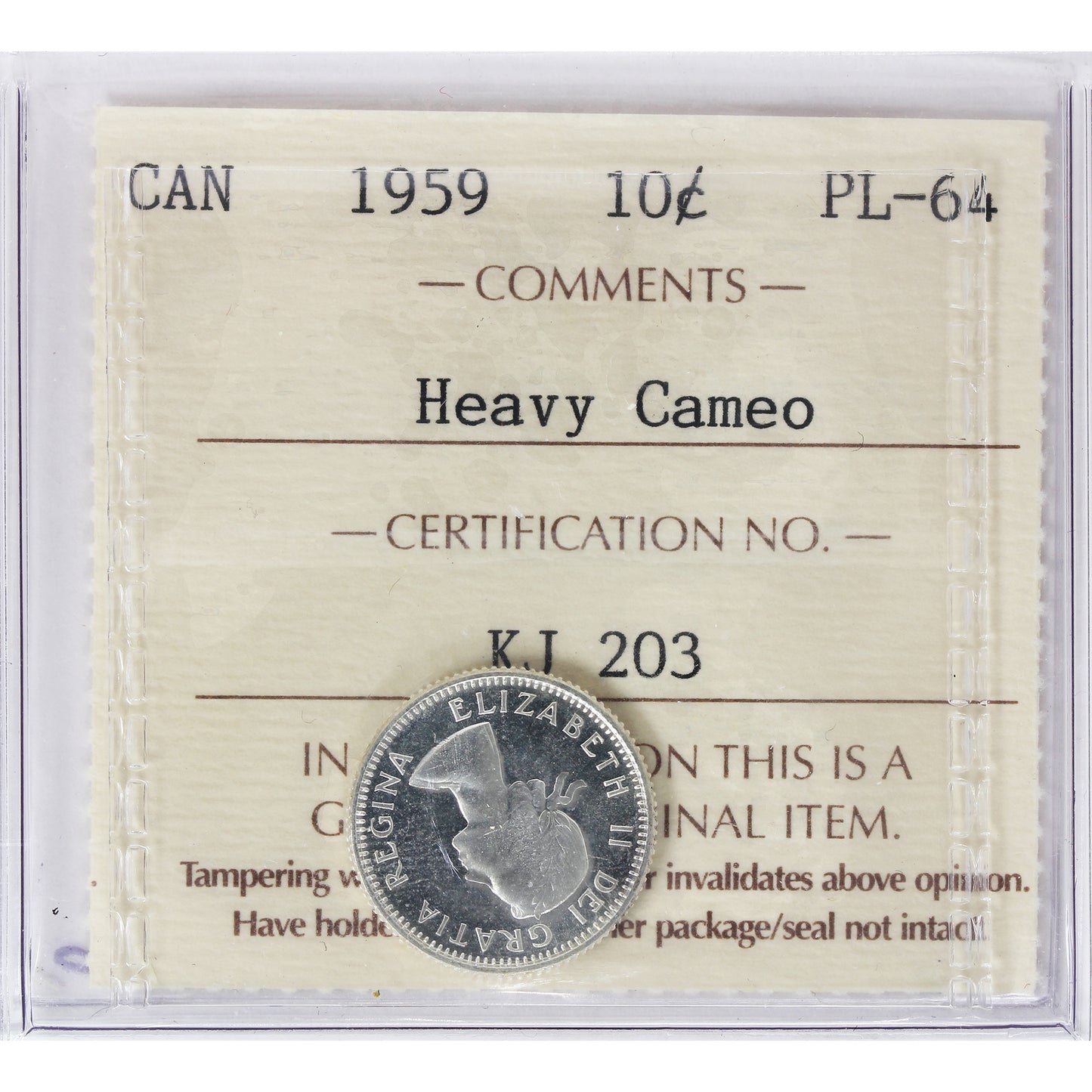 1959 Canada 10-cents ICCS Certified PL64 Heavy Cameo