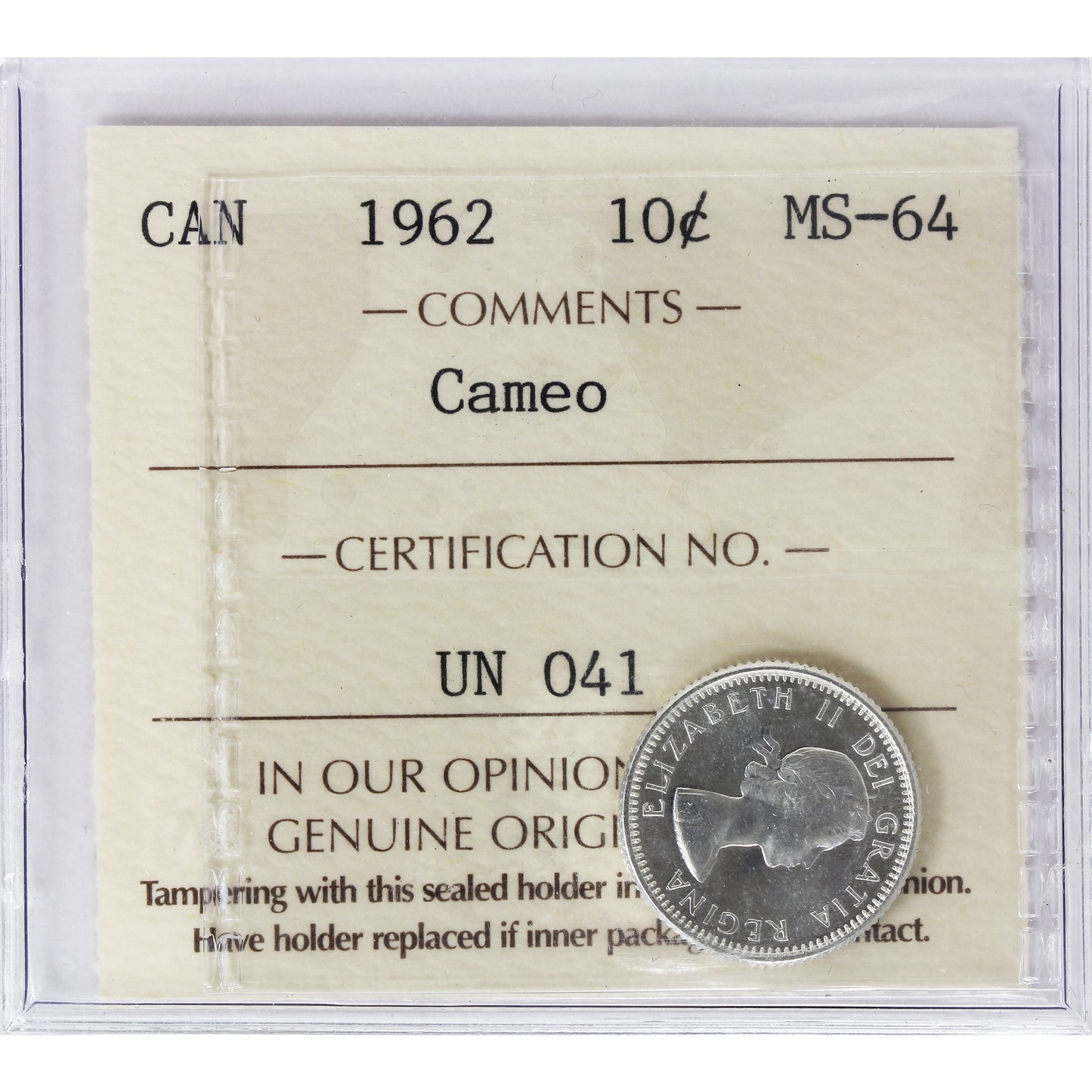 1962 Canada 10-cents ICCS Certified MS64 Cameo