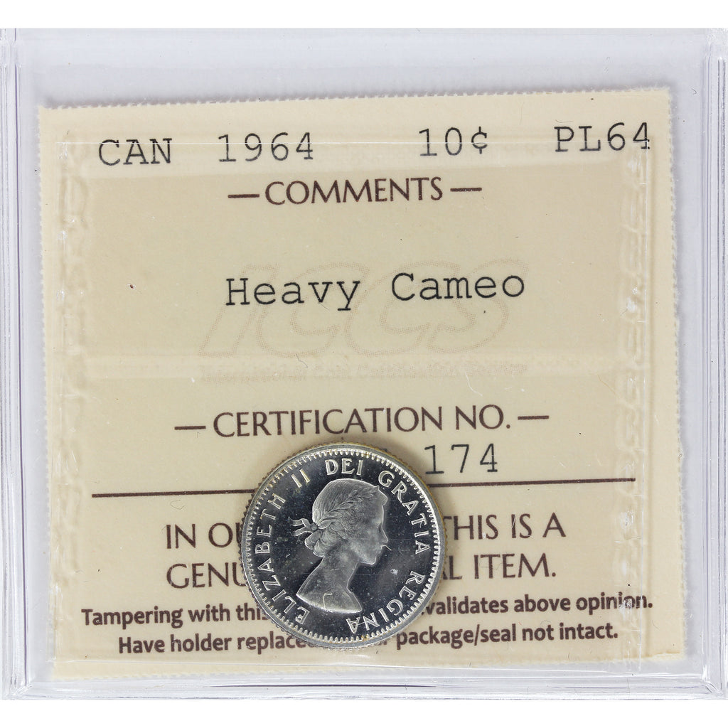 1964 Canada 10-cents ICCS Certified PL64 Heavy Cameo